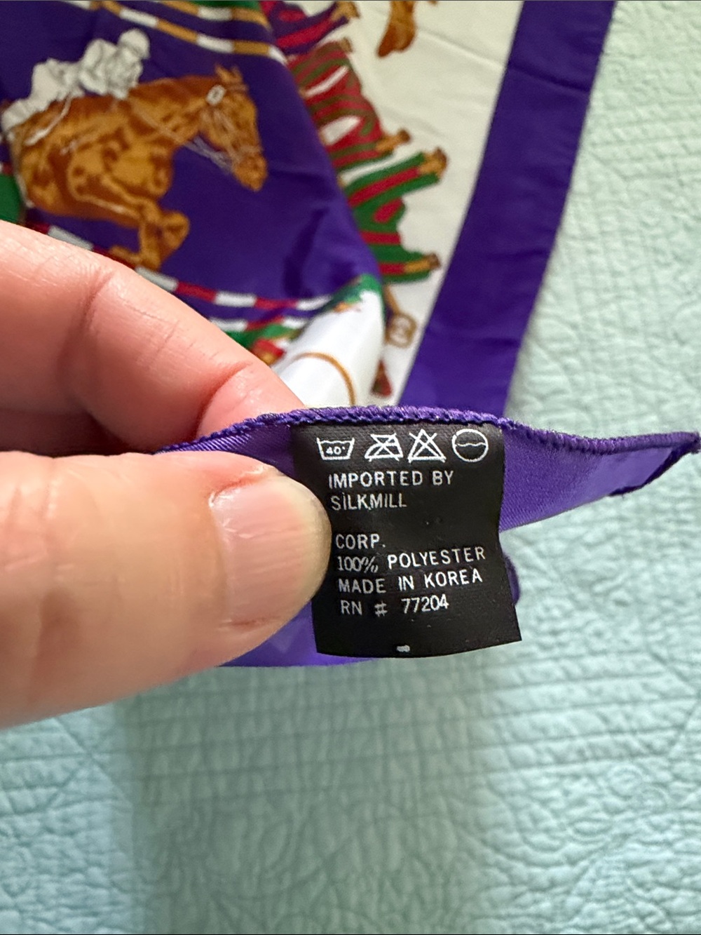 Equestrian Print Silk Scarf in Purple, Green & White - Picture 2 of 2